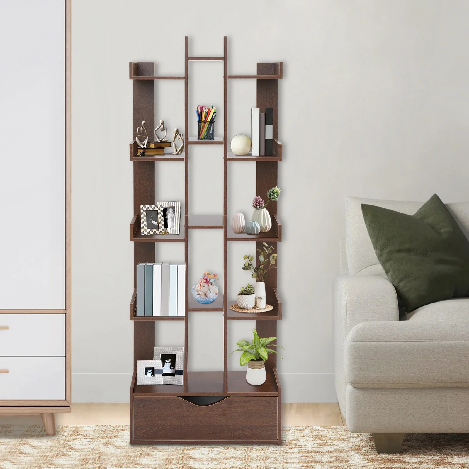 Librería (roble oscuro), estantería organizadora de almacenamiento de pie, estantería abierta para biblioteca de dormitorio de oficina, 51*18*142 cm