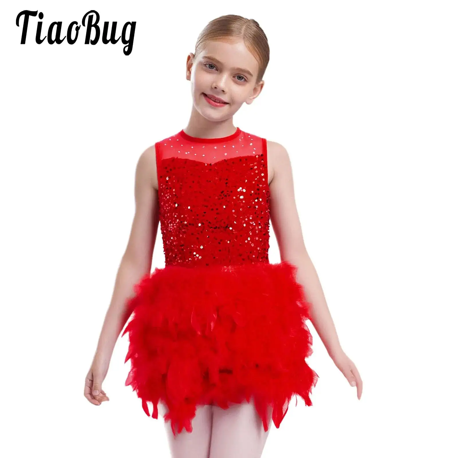 Kids Girls Fairy Prom Party Figure Skating Modern Dancewear Sequin Leotard Patchwork Feather Tutu Dress Dance Ballerina Costumes