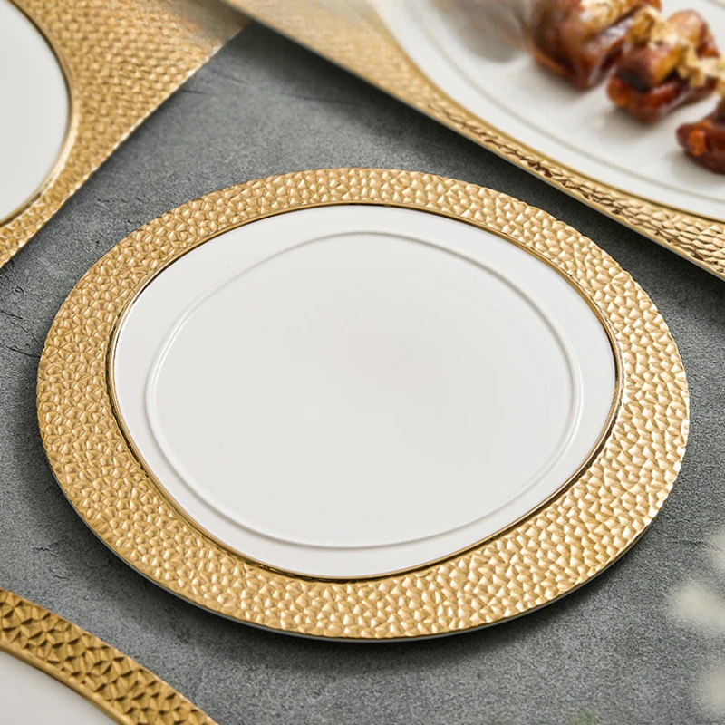 Stone Patterned White Gold Ceramic Flat Plate Steak Plate Dessert Plate Sushi Dish Cooking Plates Restaurant Creative Tableware