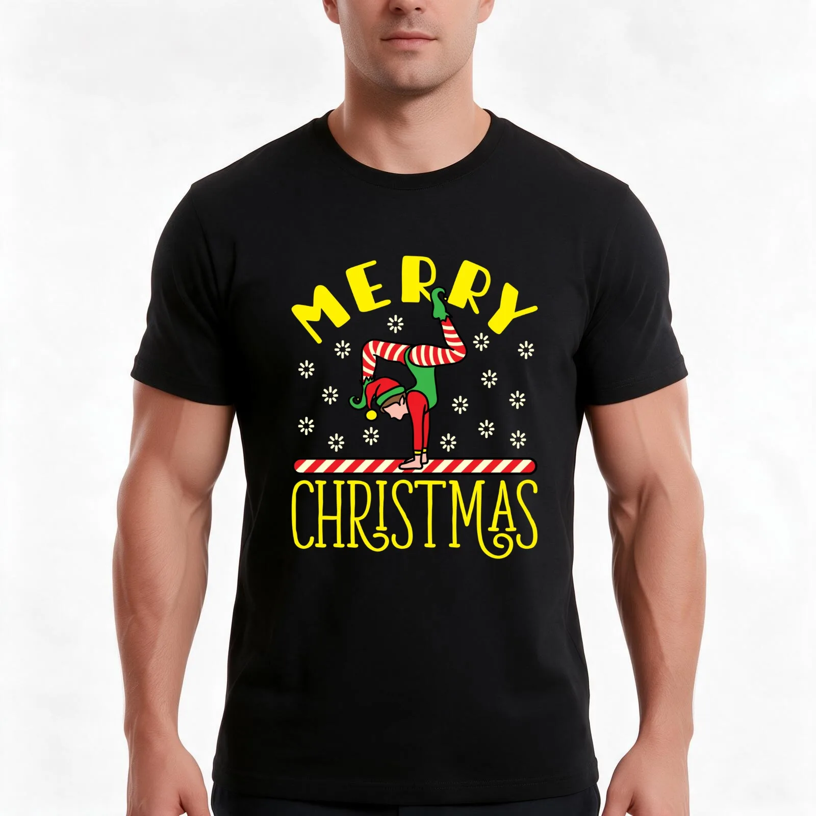 Gymnastics Christmas Elf On Beam T-Shirt, Summer Casual Cotton Tee, Oversized Streetwear Tops, Vintage Graphic Print