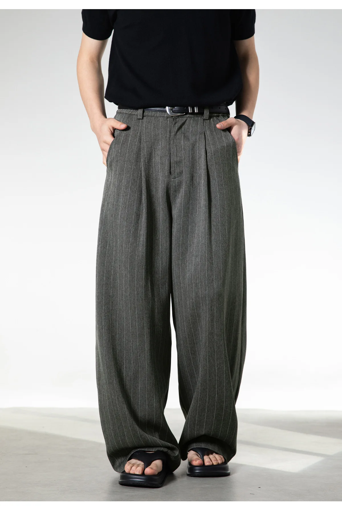 Retro Striped Drape Trousers for Men Loose-Fit Old Money Style Casual Trousers Straight-Leg Long Trousers - Image 4