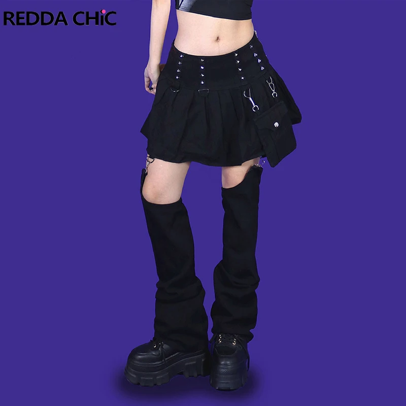 

REDDACHiC Black Goth Girl Rivet Mini Pleated Denim Skirt with Pocket & Leg Warmers Detachable Y2k Grunge Harajuku Acubi Fashion