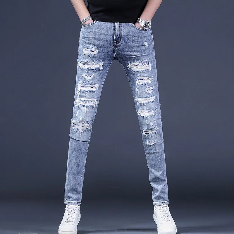 

Blue Ripped Patche Men's Jeans Slim Fit Pencil Pants Korean Style Casual Denim Trousers CP2229