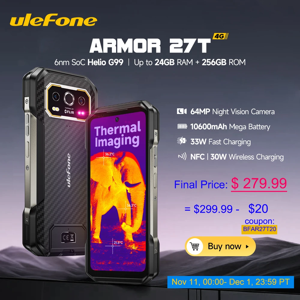 Ulefone Armor 27T 4G Rugged Phone 10600mAh Night Vision Camera Smartphone Android 14 Up to 24GB+256GB 120Hz 33W Charge