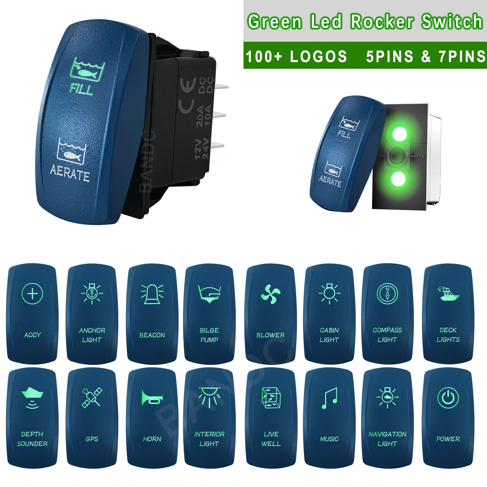 Waterproof Navigation GPS Marine Switch 12V Green Light Rocker Switch Cabin Light Power Deck Lights for Boats Yachts Vessels