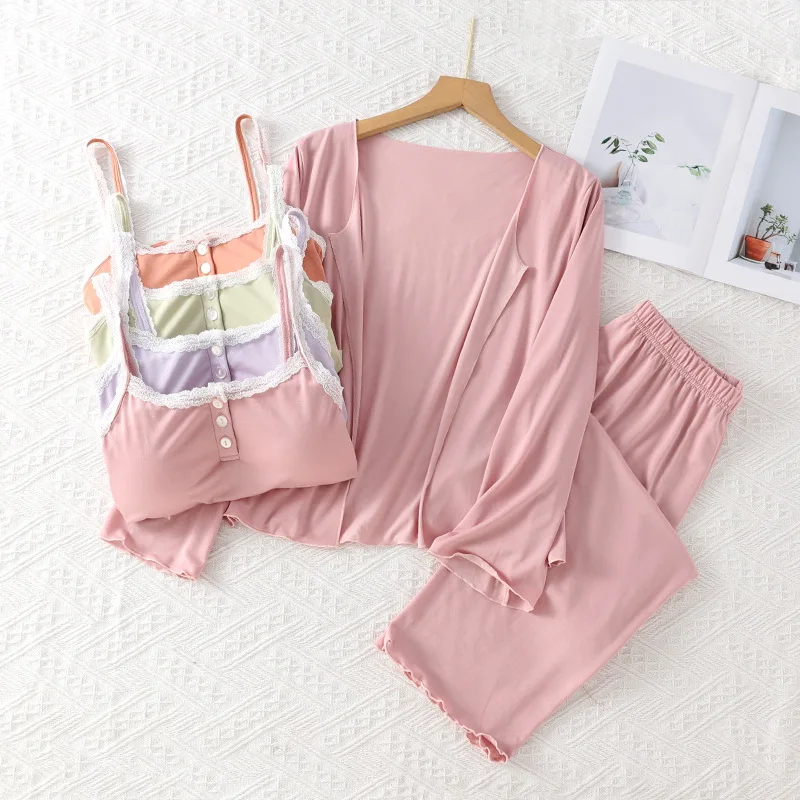 Modal Women's Nightie Spring Summer New Solid Color 3 Pieces Sleepwear Women clothing Pajama Set Pyjam Femme Home Suit