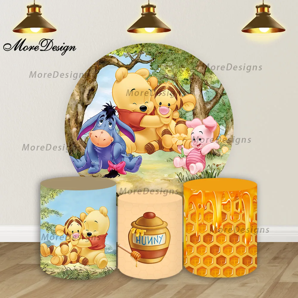 Winnie Bear Round Backdrop Covers Boys Cylinder Cover Birthday Party Vinyl Polyester Background