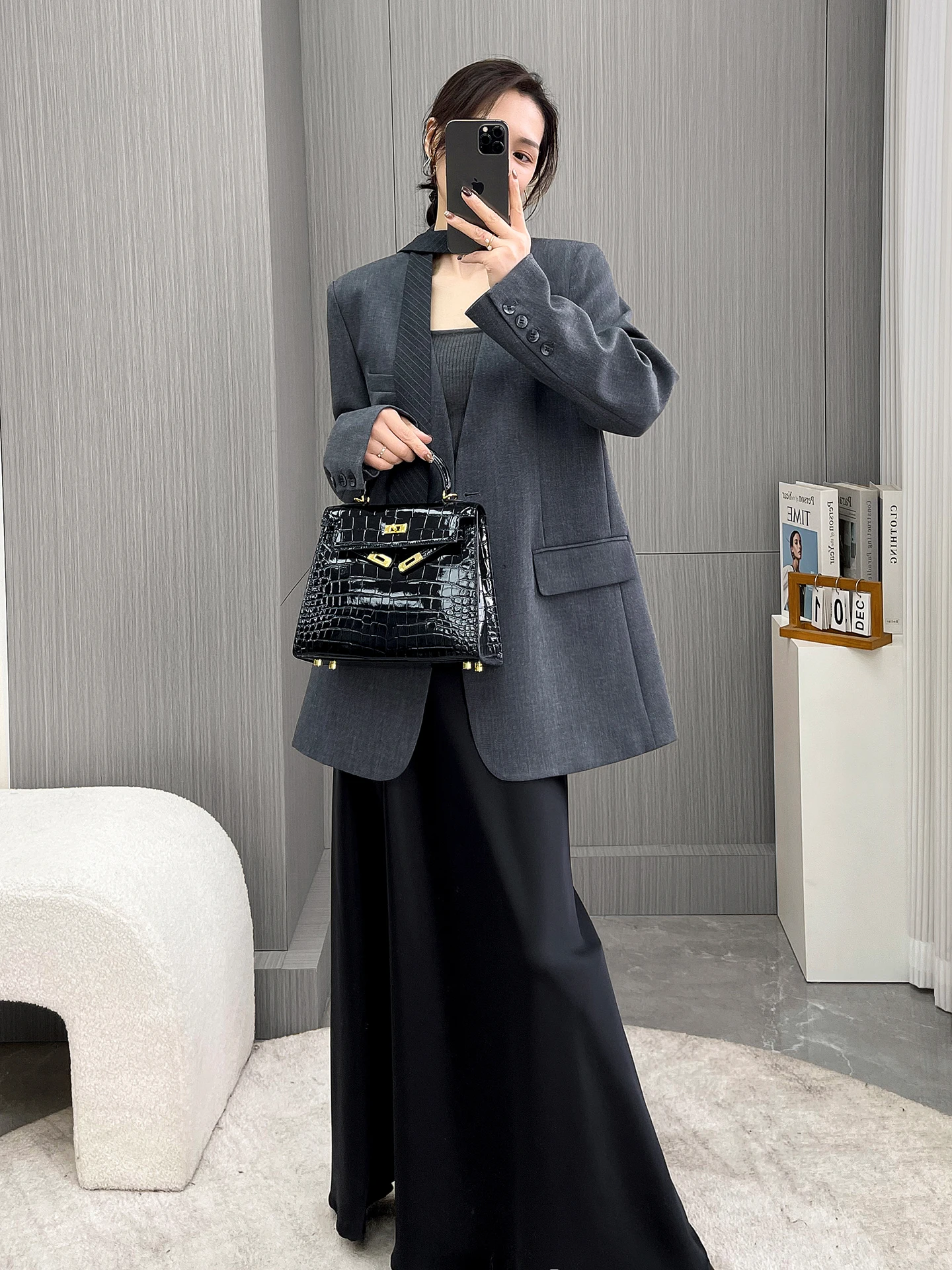 

ay V-Ne Midi Suit Jaet Women's Slimming Long Sve Waist-Cinched Modern mat Sle Faionable Spring Outerwear