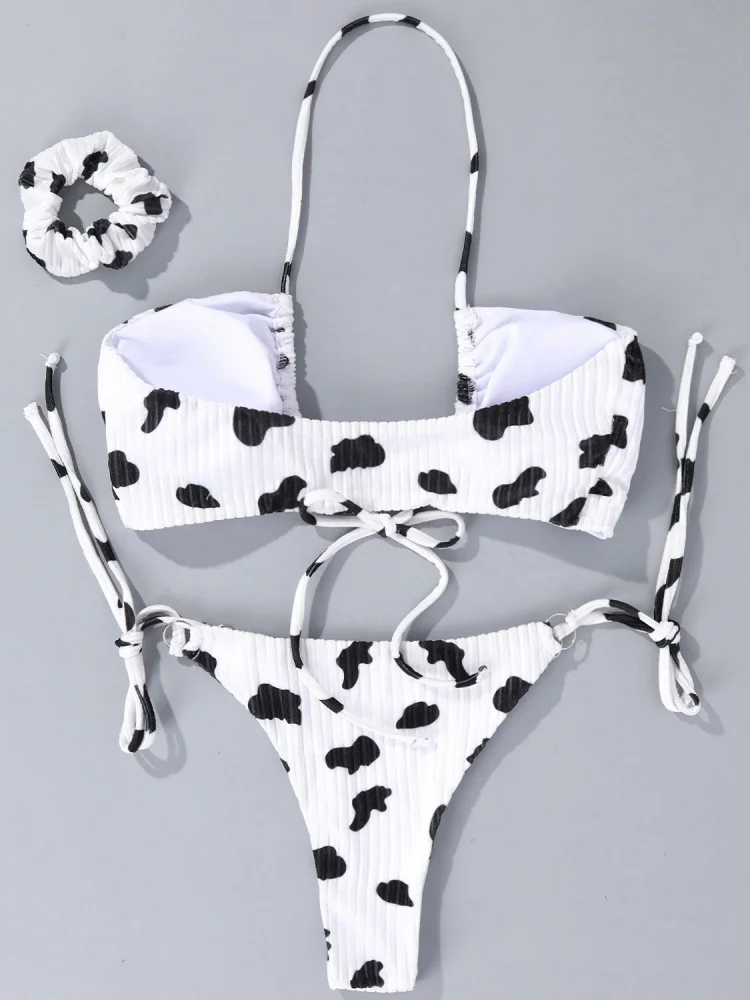 Bikini damskie Strój kąpielowy 2025 Nowy nadruk krowy mlecznej Zestaw bikini z halterem Seksowne stroje kąpielowe Letni prążkowany 2-częściowy kostium kąpielowy dla kobiet