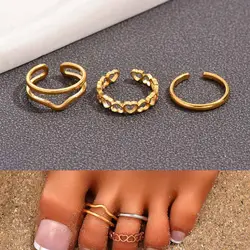3Pcs/Set Filled Stainless Steel Smooth Toe Rings for Women Plating14K Gold Adjustable Simple Silver Ring Summer Beach Jewelry