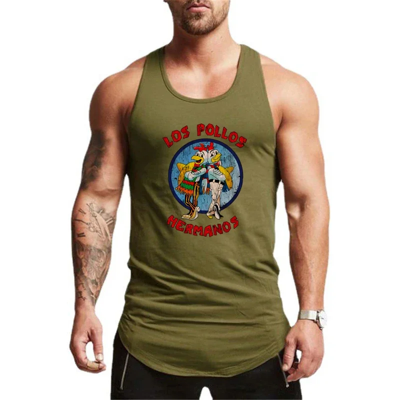 LOS POLLOS Hermanos Funny Printed Sport Vests Gym Bodybuilding Sleeveless Workout Tank Tops Mens Fitness Muscle Running Shirts