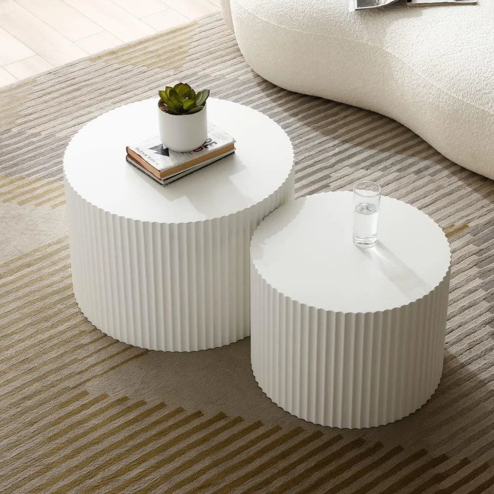 Modern White Round Nesting Coffee Table Set of 2 for Living Room - Contemporary Drum Style Wood Circle Side Tables