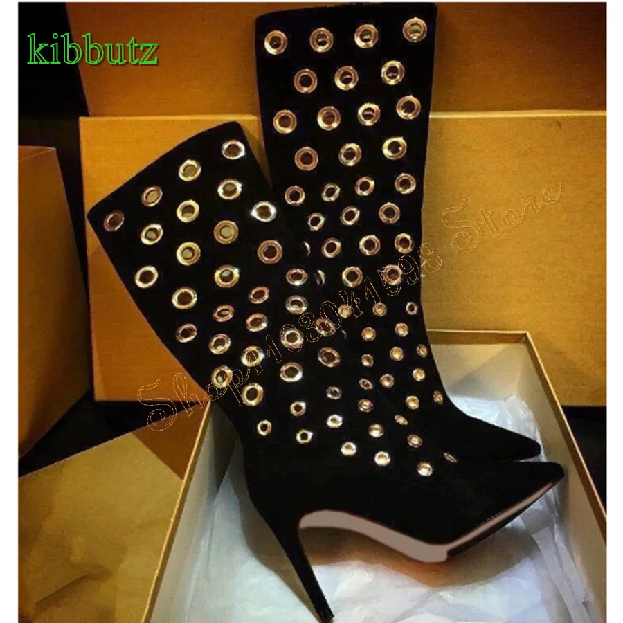 Hollow Suede High Heel Boots,Pointed Toe Stiletto Knee High Boots Retro Party Women Boots Plus Size 2024 New Zapatos Para Mujere