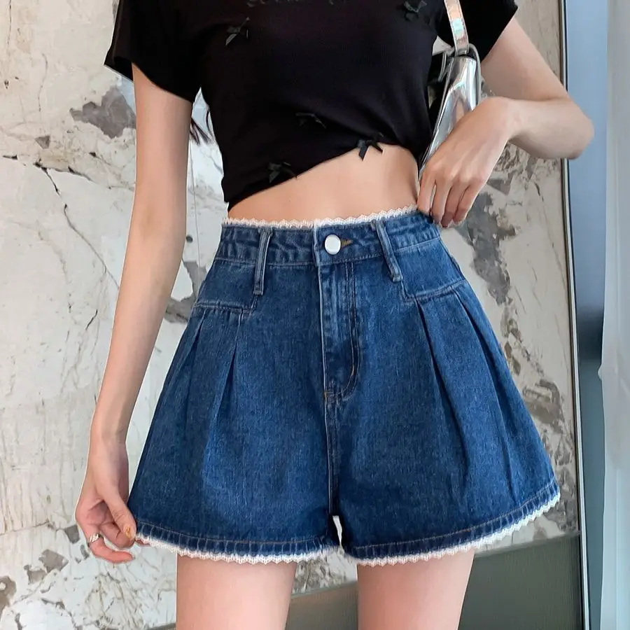 2025年夏の新トレンド、セクシーなレースパッチワークハイウエストワイドレッグパンツ、女性用オールマッチファッショナブルなボタンジッパージーンズ