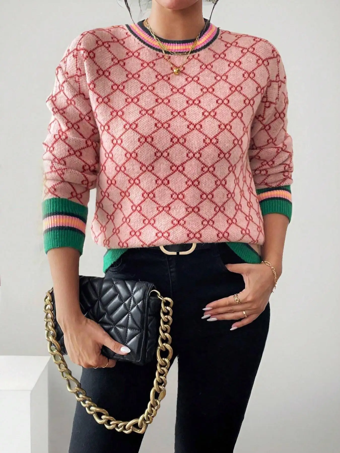 NEW AUTUMN AND WINTER KNITTED SWEATER WITH DIAMOND PRINT COLOR BLOCKING DESIGN, FASHIONABLE TEMPERAMENT CASUAL KNIT SWEATER