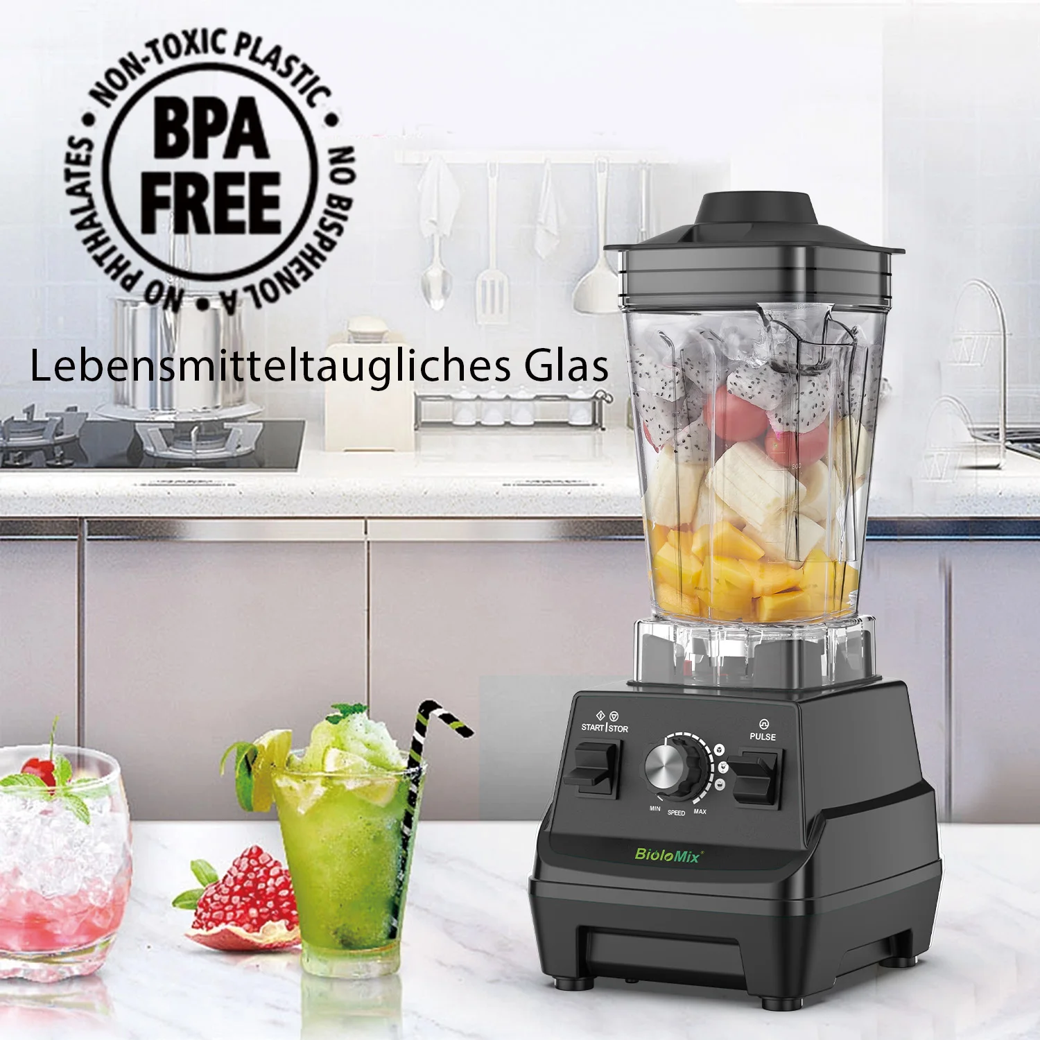 BioloMix Mini Pro Mixer, 1800 W Motor, 1,8 l Hauptglas, 0,6 l tragbarer Becher, BPA-frei, robuster Entsafter, Smoothie-Maker und Mühle – Detail 2