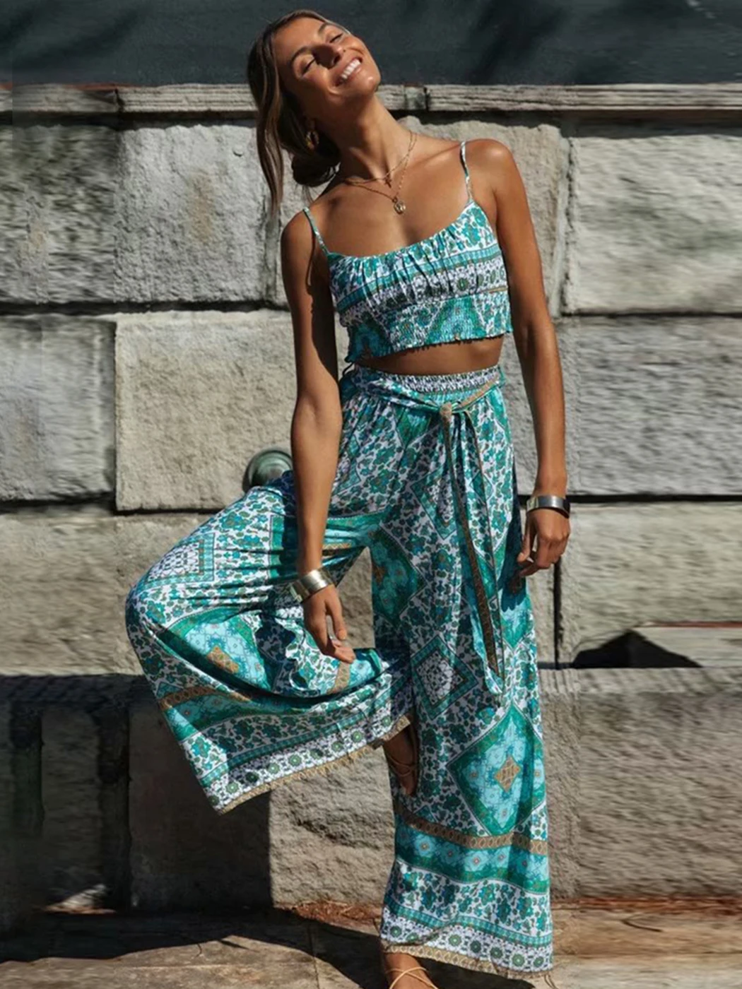 Jastie Boho Vintage Pattern Print Women 2 Piece Set Spring 2022 Midriff Baring Wide Leg Pant Retro Chic Beach Vacation Women Set