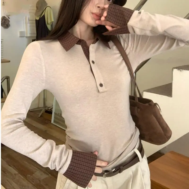 

Женская осенняя футболка с длинными рукавами и лацканами в стиле пэчворк контрастного цвета, облегающий и универсальный топ