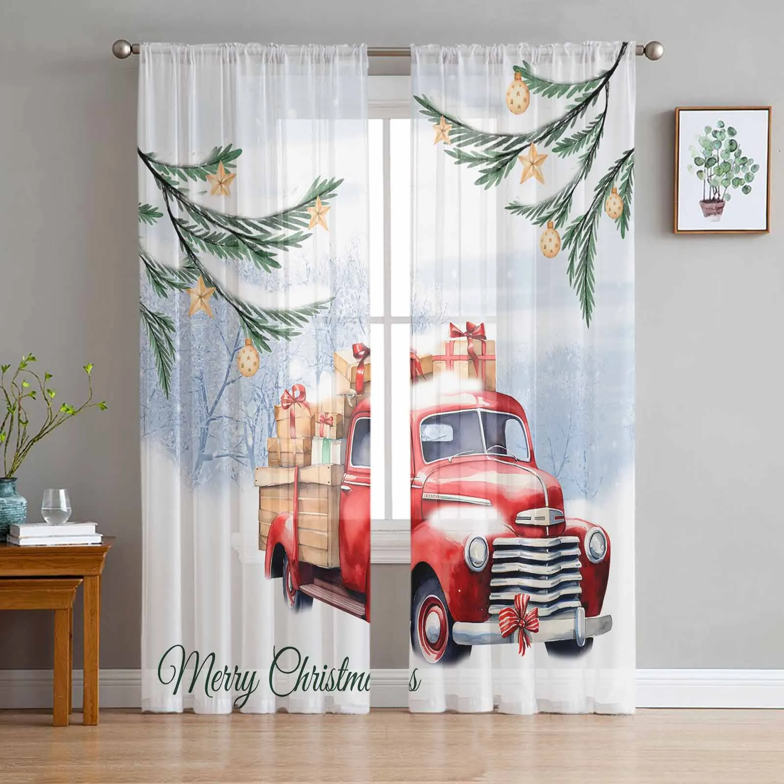 Christmas Red Truck Plants Snow Gift Stars Window Treatment Tulle Modern Sheer Curtains for Kitchen Living Room Curtains Decor