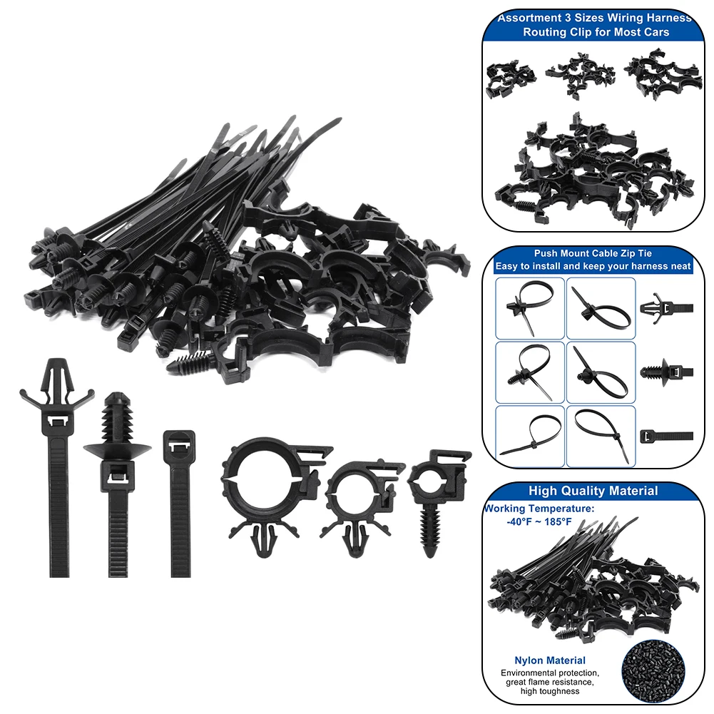 45Pcs Push Mount Cable Zip Tie with Car Wire Routing Clips Universal car cable clips Self locking Fastening cables organizer