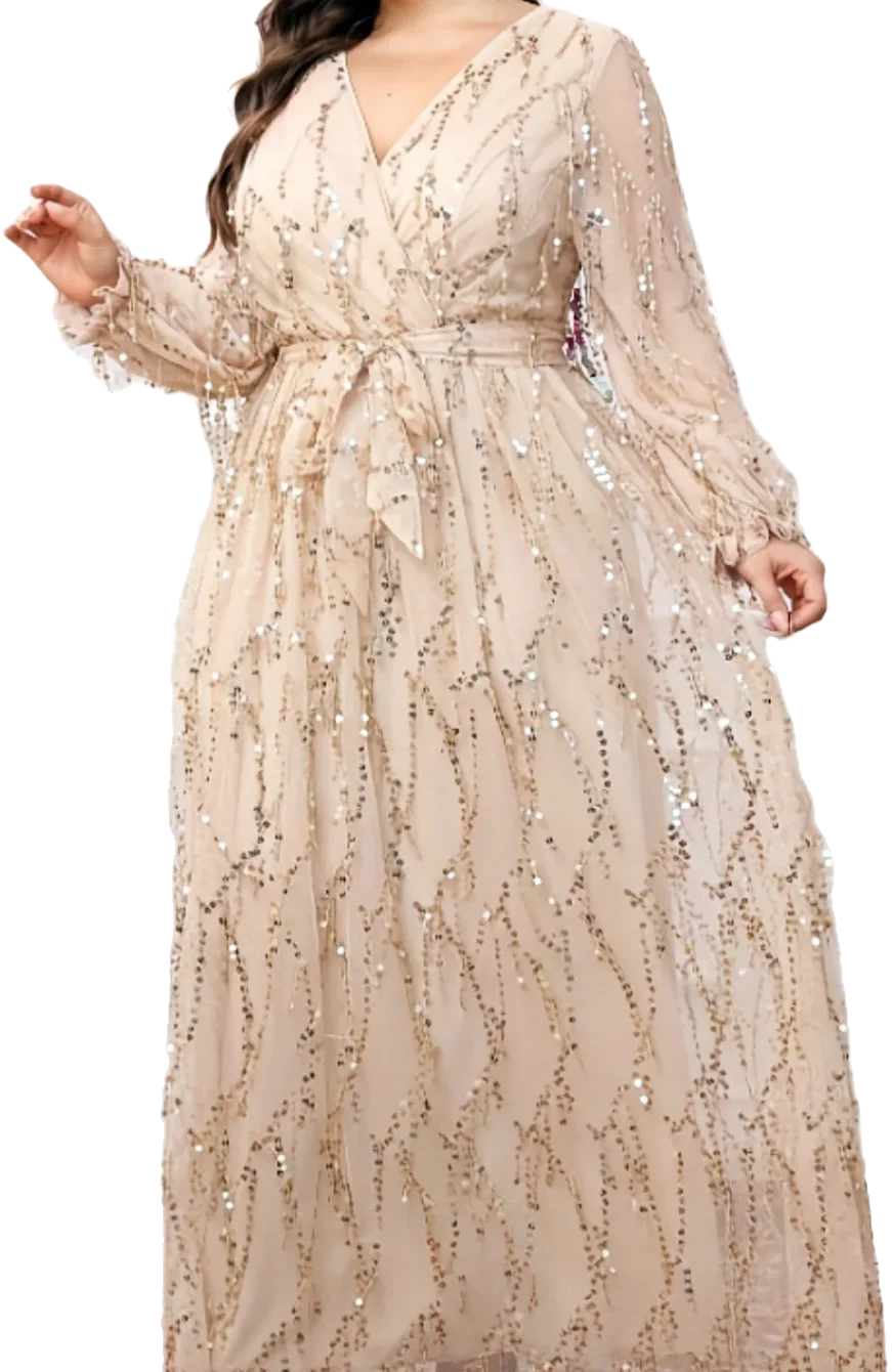 

Elegant V-Neck Long Sleeves Sequins Tassel High Waist Lace Up Long Formal Dress