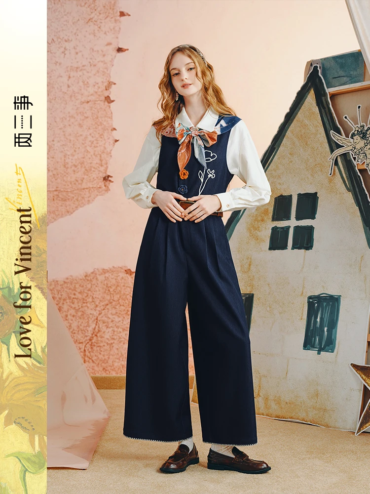 

Women's Wide Leg Jumpsuit Loose Fit Hook Flower Design Long Pants Autumn Winter New Sle Versatile mid Waist Decorated Jumpsuit