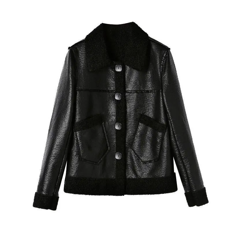 2023 Two-sided Fashion Lamb Wool Coat Women Streetwear Faux Fur leather Jacket Woman Autumn Winter Thick Warm Plush PU Coat traf