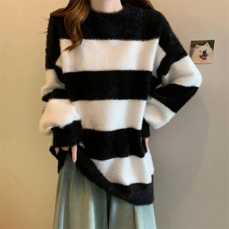 Lazy Style Striped Knitted Sweater Top Thickened and Unique Pullover Sweater Feminine Style Outerwear