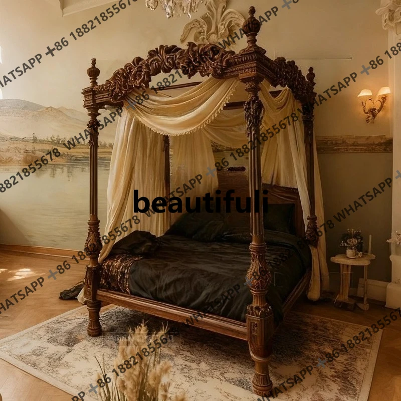 Medieval three-dimensional carved four-poster bed antique heavy industry carved double bed