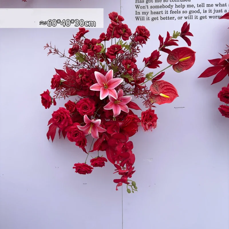 100 cm giglio rosso e bouquet di rose decorazione di nozze composizione di fiori artificiali decorazione di sfondo di nozze