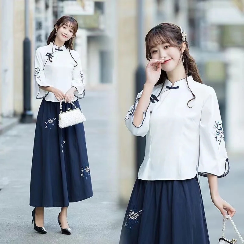 Vintage Chinese Stijl Jonge Student Vrouwen Kleding Lente Zomer Traditionele Cheongsam Top Borduurwerk Blauwe Rok Han Tang Pak