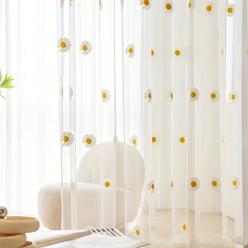 1PC Daisy Embroidered Transparent Curtain, Rod Pocket Design, Sunshade Privacy Divider, Ideal for Bedroom Living Room Dining Roo