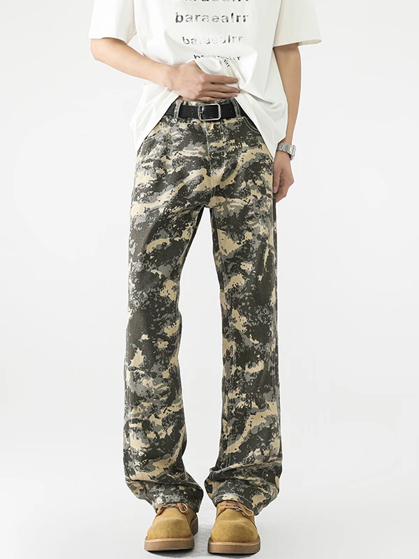 

American Style Vintage Camouflage Loose Fit Casual Jeans Men's Spring Autumn Trendy Brand Straight Leg Bell Bottom Workwear