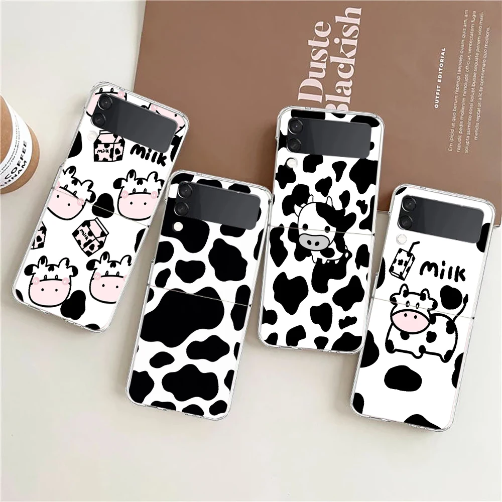 Transparent Phone Case For Samsung Galaxy Z Flip 3 4 5 6 7 Hard Folding PC Z Flip3 Flip4 Cover Dairy Cattle Cow Speckle Cute
