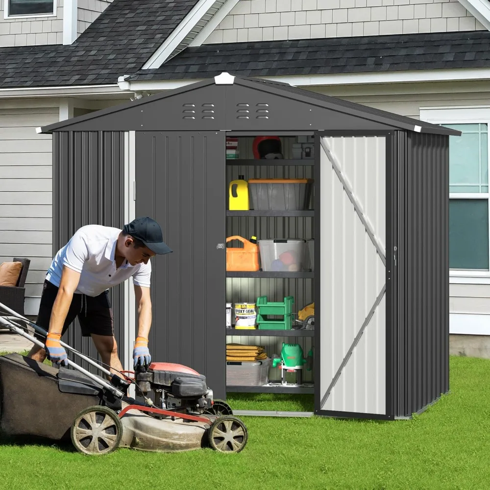 Outdoor Storage Shed 8 x 6 FT, Galvanized Metal Garden Shed with Double Lockable Doors, Outdoor Storage Clearance