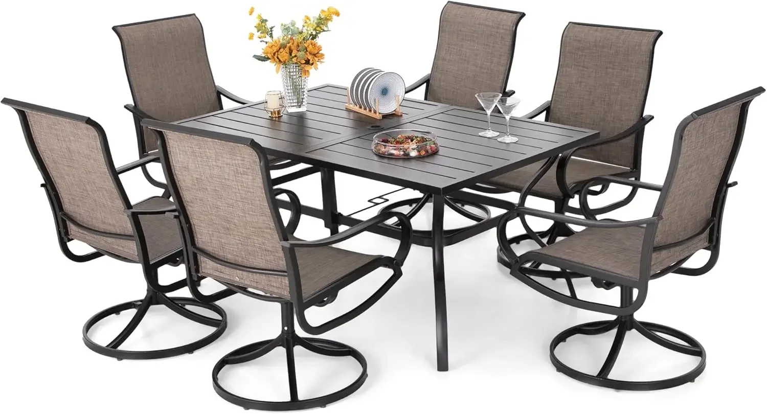 Outdoor Patio Dining Set for 6, 7-Piece Table and Chairs with 6 Swivel Patio Chairs & 1 Rectangular Large Metal Table