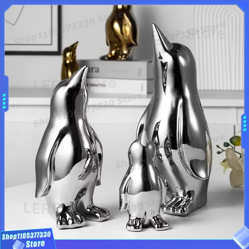 Gold Plated Ceramic Penguin Figurine Creative Standing Ornament for Living Room Desktop Home Decor High End Texture Small
