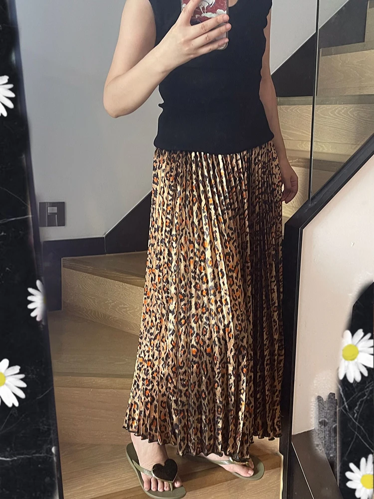 Glanzende luipaardprint luxe sexy hoge taille vrouwen midi rok 2025, zomer elastische plooirok oude geldstijl mininaal stijl