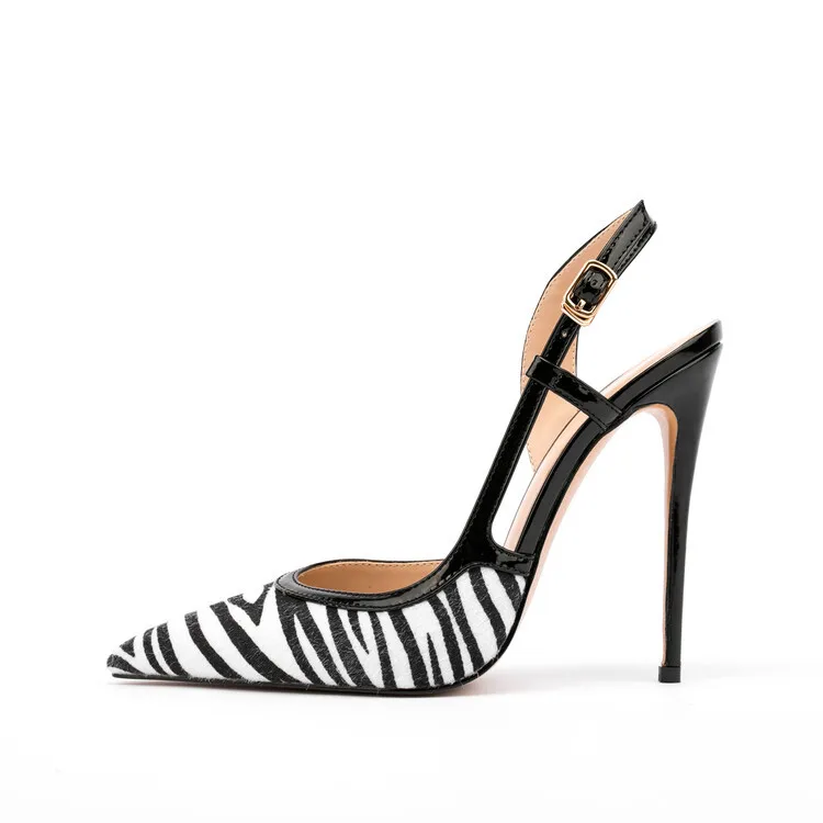 

Bloomsteps New Pointed Toe High Heels for Women, Thin Heel, Open Back, Black and White Striped Zebra Toe Sandals, Plus Size