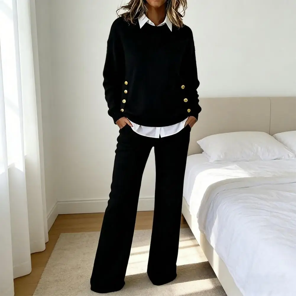 Simple Design Women's Suit 2 Piece Outfit Splicing Fake Two Piece Sweatshirt Wide Leg Pants Set Fall Casual Tracksuit Lounge Set