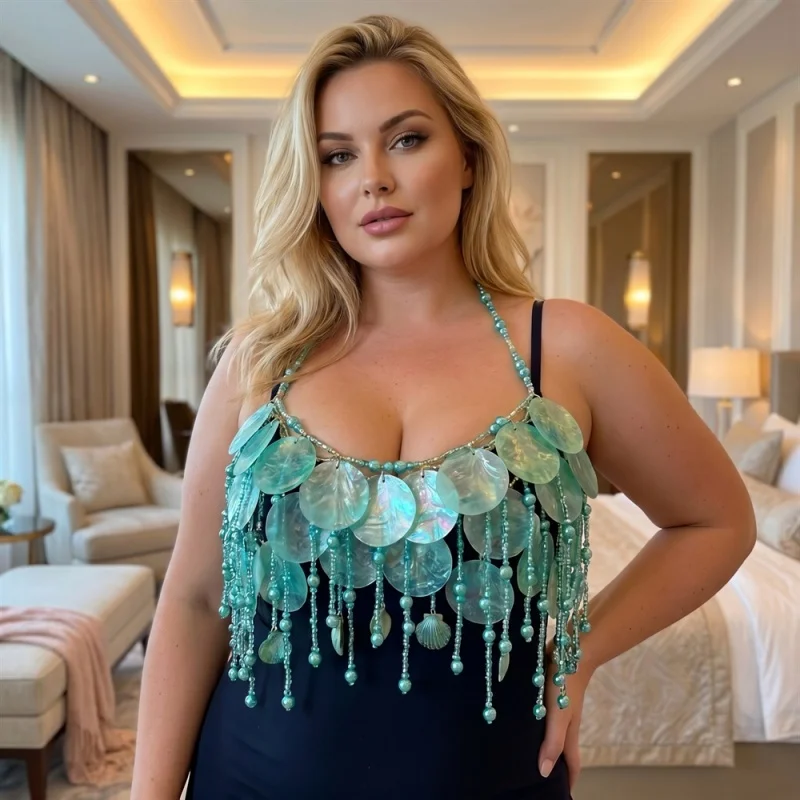 Handgefertigtes Funkelndes Meeresfeen-Top-Kostüm für Frauen, Bauchtanz-Outfit mit Grünen und Roten Perlen, Pailletten-Besetztes Oberteil, Rave-Outfit, Perlen-BH-Oberteil – Detail 8
