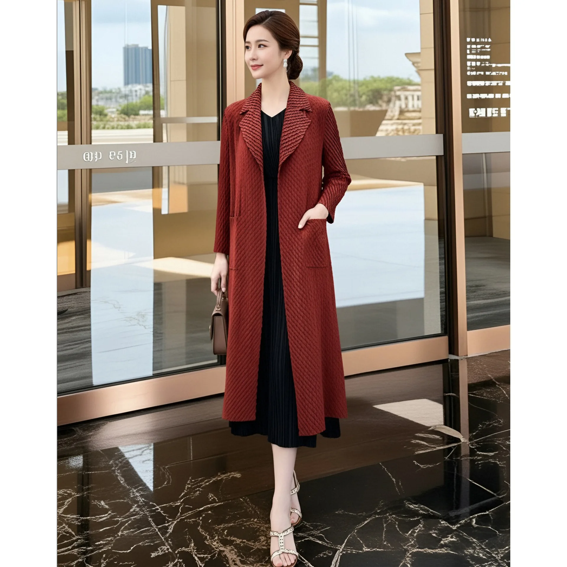 

Miyake Windbreaker Jacket Women's Solid Color Commuter Style POLO Collar Long Sleeve Patch Pocket Buttonless Pleated Clothing