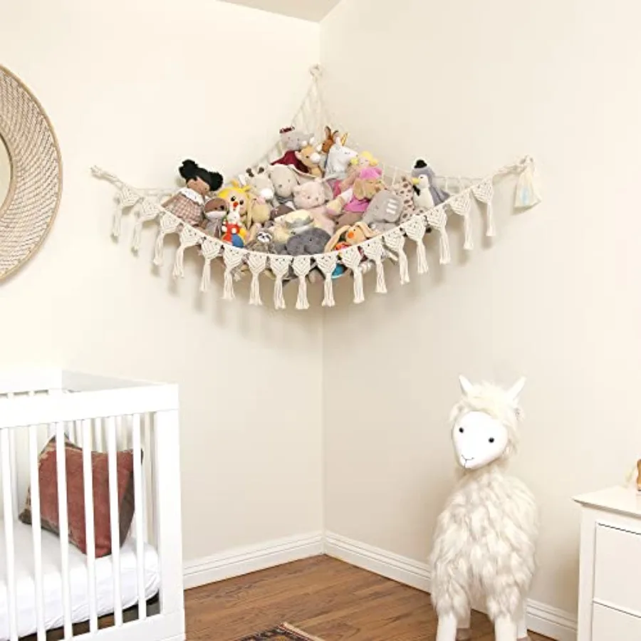 Extra Large Stuffed Animal Hammock with LED Lights 100% Natural Cotton Macrame Toy Storage Net for Plushies and Squishmallows B