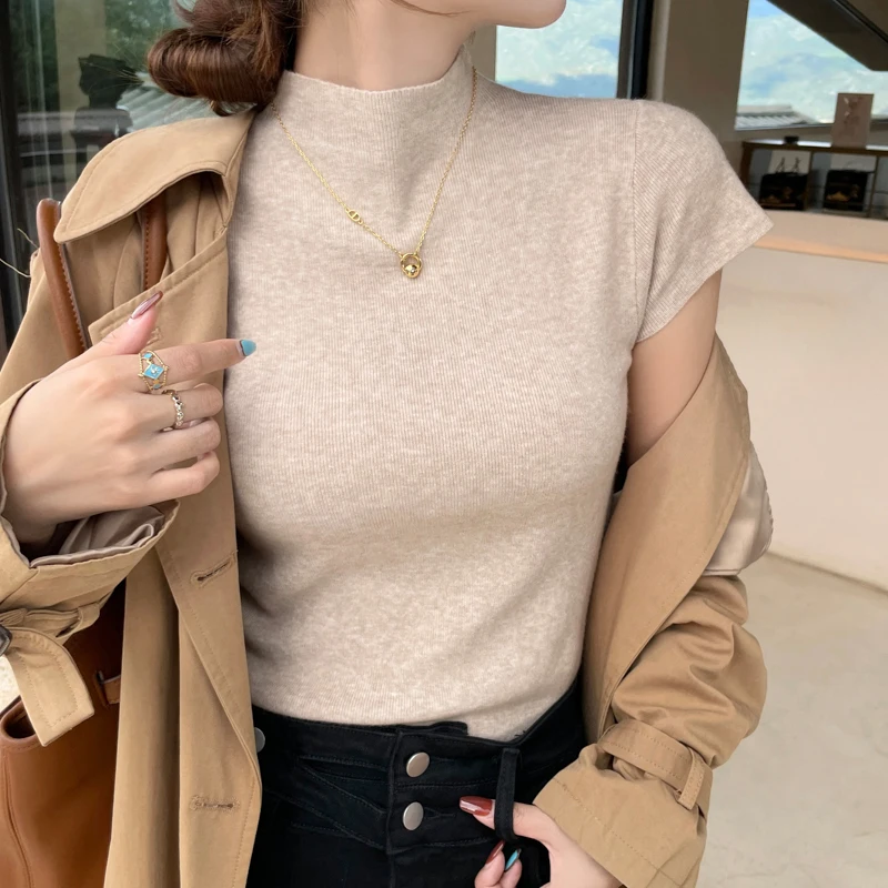 Women Summer Sexy Turtleneck Sleeveless T-Shirts Tops Solid Slim Fit Pullovers Causal Tees Shirts Female Streetwear Basics Tees