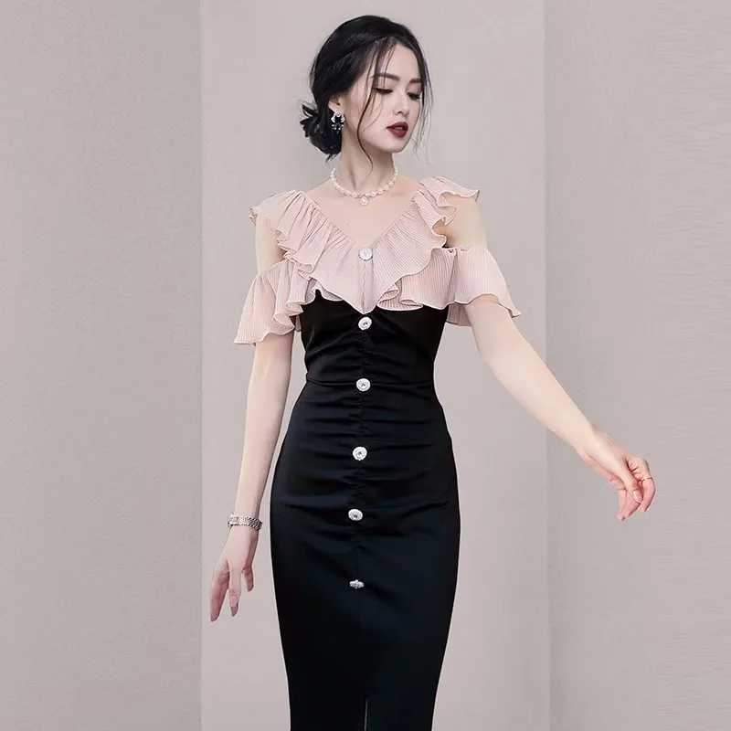 Runway Desinger 2023 New Sexy Slash Neck Women Summer Ruffles Pencil Slim Office Elegant Fashion Long Patchwork Dress