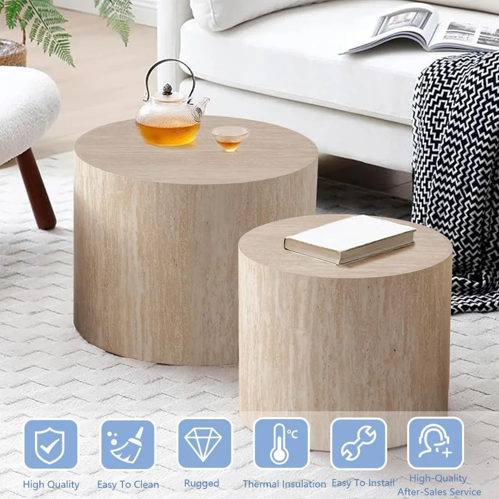 Modern Round Nesting Coffee Table Set for Living Room - Wave Stripe Design, Ideal for Bedroom and Lounge Areas