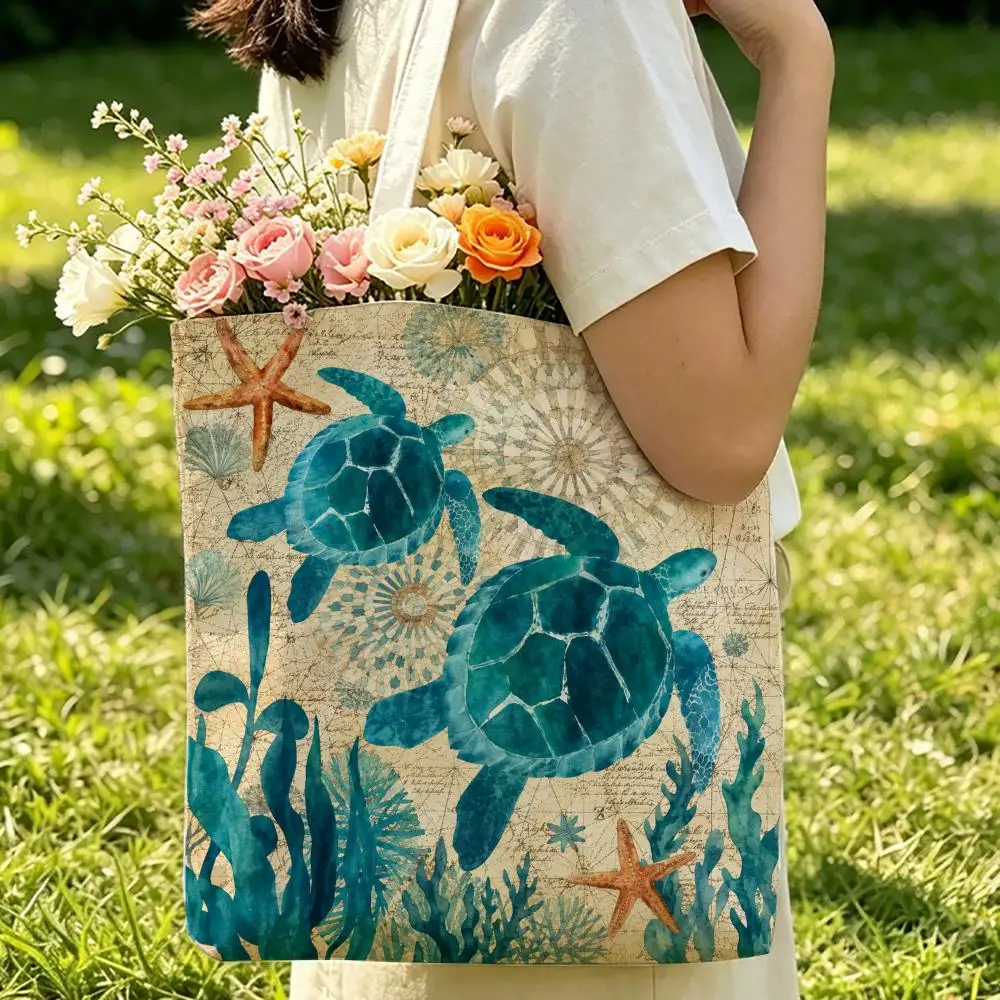 Marine Animals Storage Bags Beach Canvas Shoulder Tote Bag Double-Sided Print Fashion Handbag for Travel Picnic