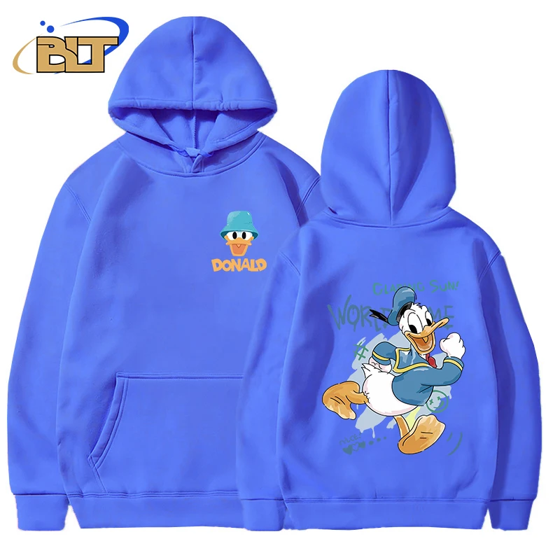 Donald Duck Printed Men's Autumn and Winter Hoodie Plus Fleece Sweater Blue Loose Top