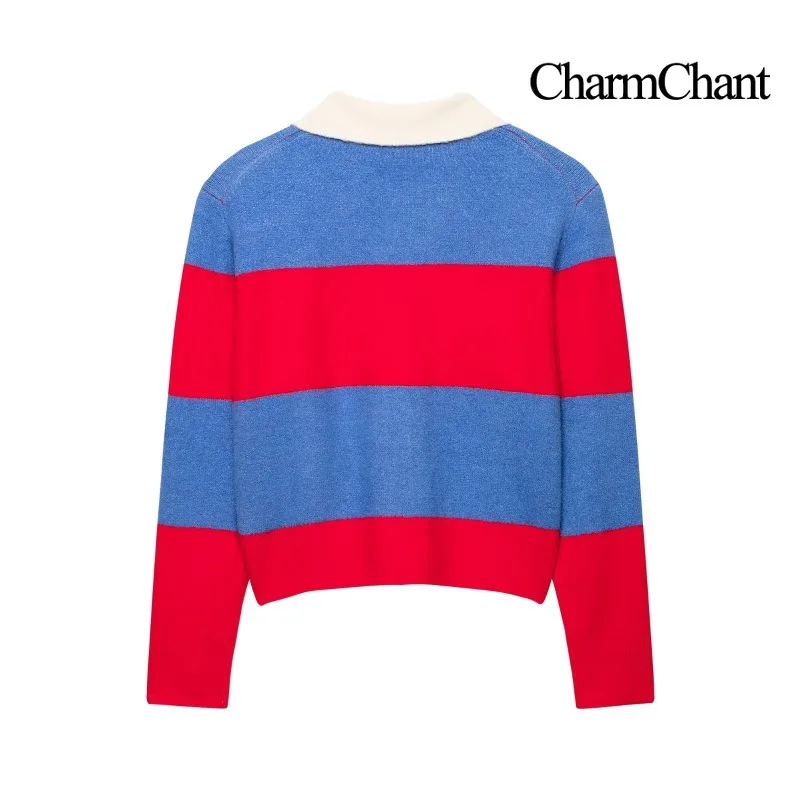 CHARMCHANT Women's Striped Polo Collar Knit Sweater Color Block Long Sleeve Cropped Pullover Casual Jumper Autumn 2026