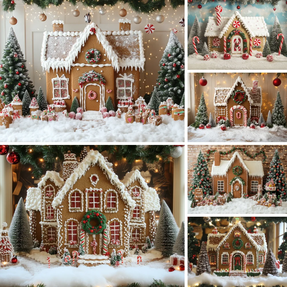 

Gingerbread House Christmas Photo Backdrop Snow Flocked Pine Tree Candy Ornament Winter Snow Scene Kids Studio Background Prop